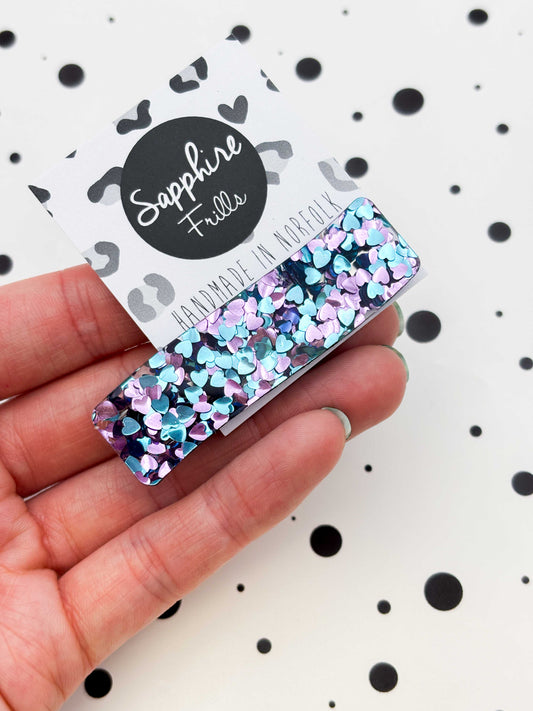 Blue & Lilac Heart Sequin Rectangle Wave Acrylic Hair Clip