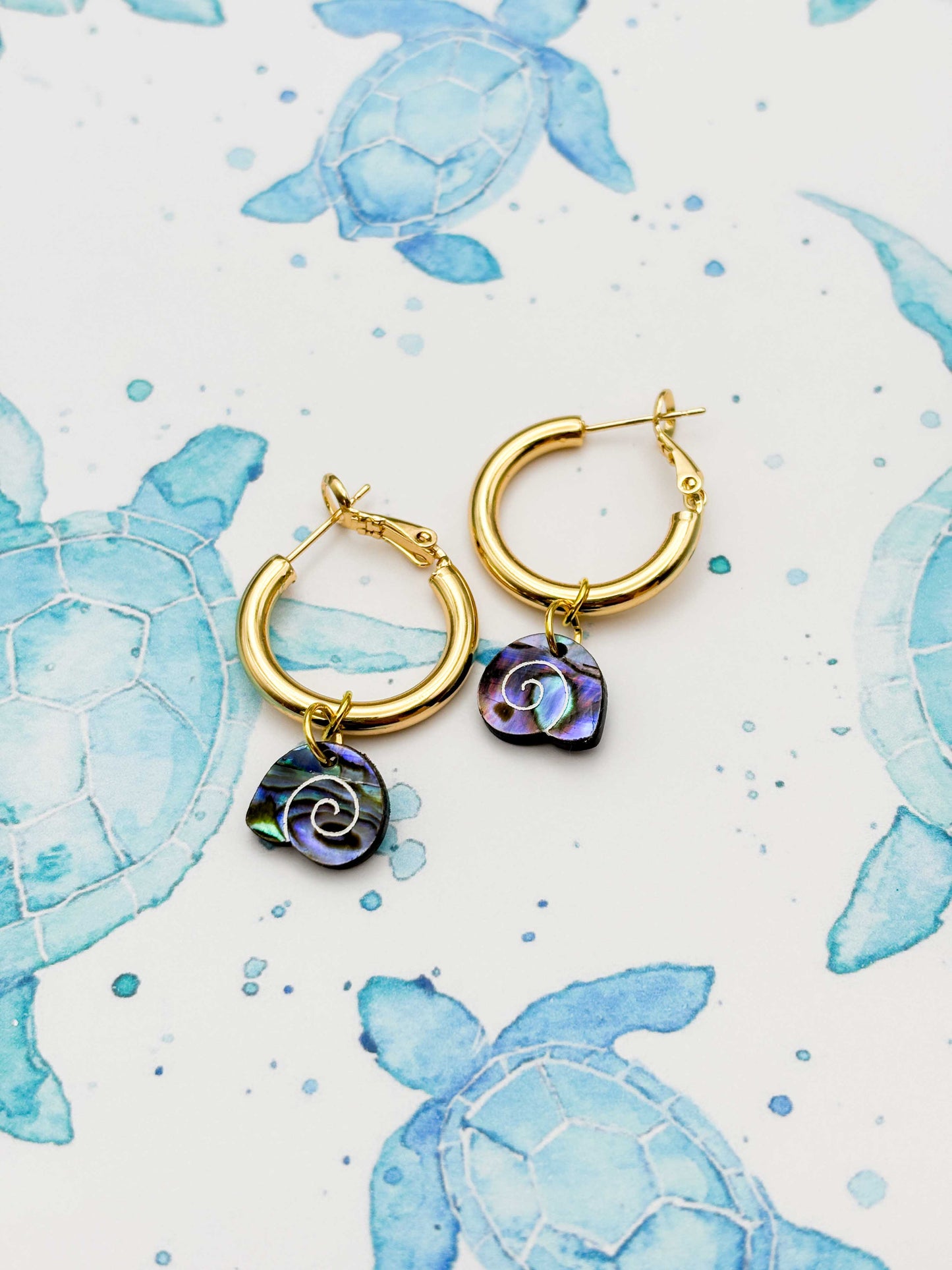 Mini Blue & Green Real Sundial Shell Dangle Earrings or Necklace – Hypoallergenic Stainless Steel