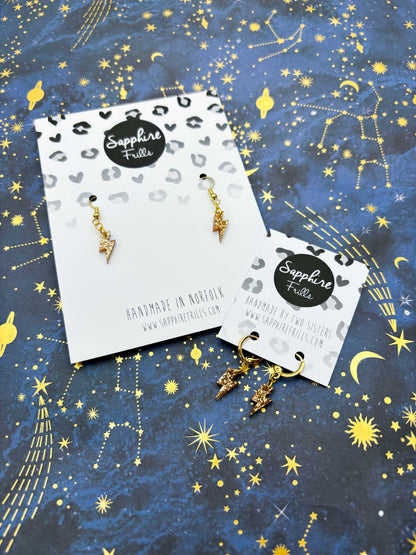 Mini Champagne Glitter Lightning Bolt Dangle Earrings or Necklace – Hypoallergenic Stainless Steel