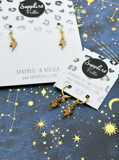 Mini Champagne Glitter Lightning Bolt Dangle Earrings or Necklace – Hypoallergenic Stainless Steel