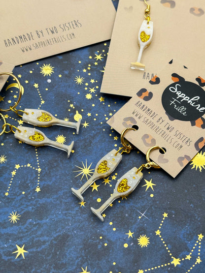 Cream and Gold Glitter Marble Champagne Flute Dangle Earrings or Necklace – Hypoallergenic Stainless Steel