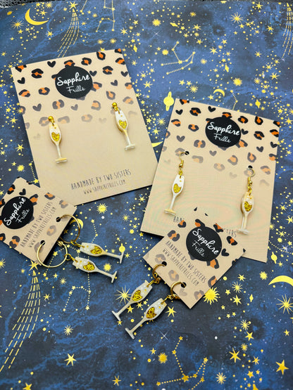 Cream and Gold Glitter Marble Champagne Flute Dangle Earrings or Necklace – Hypoallergenic Stainless Steel
