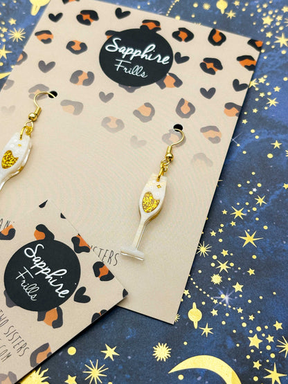 Cream and Gold Glitter Marble Champagne Flute Dangle Earrings or Necklace – Hypoallergenic Stainless Steel