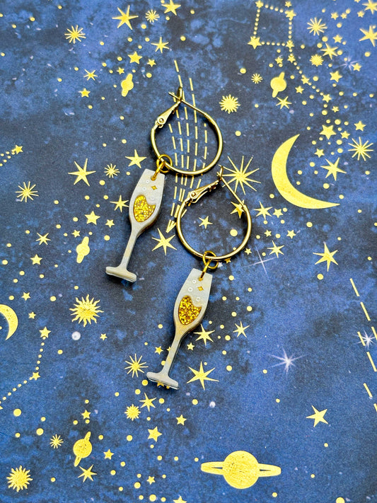 Cream and Gold Glitter Marble Champagne Flute Dangle Earrings or Necklace – Hypoallergenic Stainless Steel