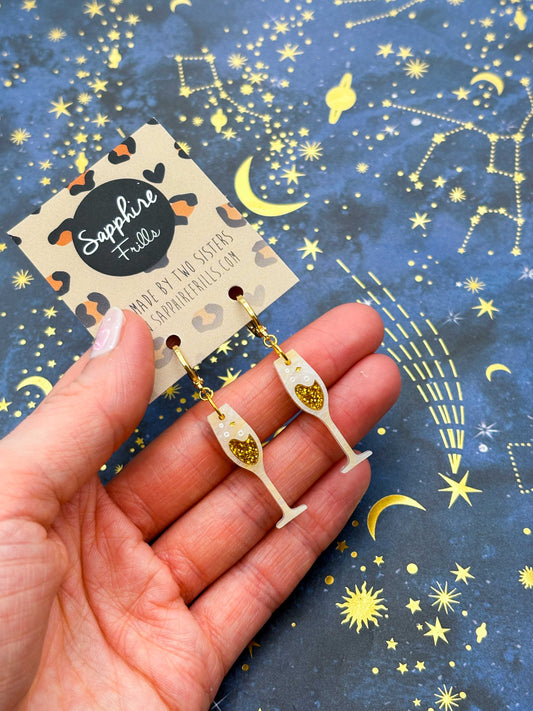 Cream and Gold Glitter Marble Champagne Flute Dangle Earrings or Necklace – Hypoallergenic Stainless Steel