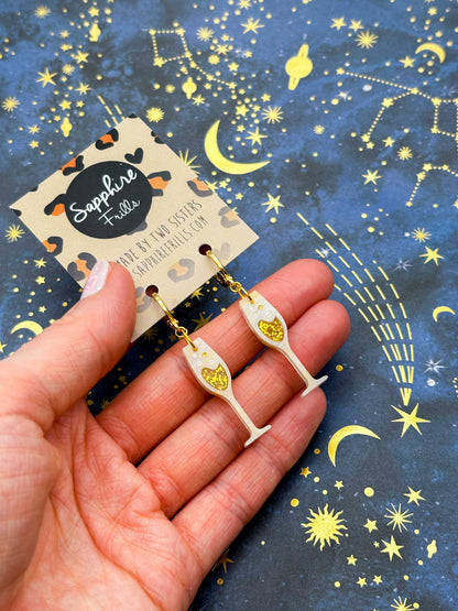Cream and Gold Glitter Marble Champagne Flute Dangle Earrings or Necklace – Hypoallergenic Stainless Steel