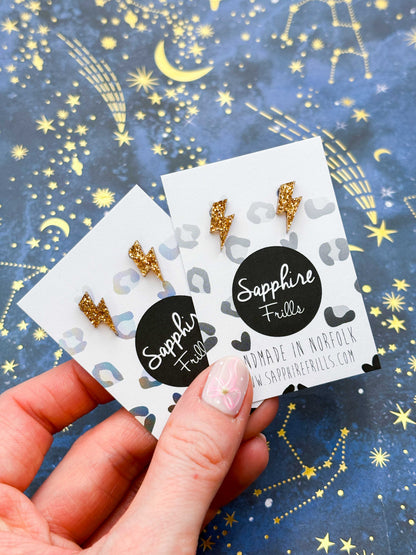 Mini Champagne Glitter Acrylic Lightning Bolt Stud Earrings – Hypoallergenic Stainless Steel