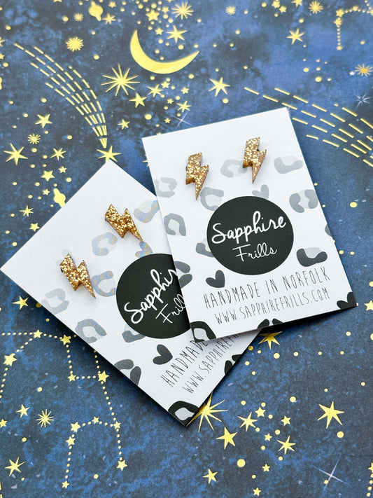 Mini Champagne Glitter Acrylic Lightning Bolt Stud Earrings – Hypoallergenic Stainless Steel