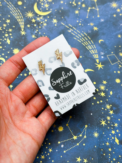 Mini Champagne Glitter Acrylic Lightning Bolt Stud Earrings – Hypoallergenic Stainless Steel