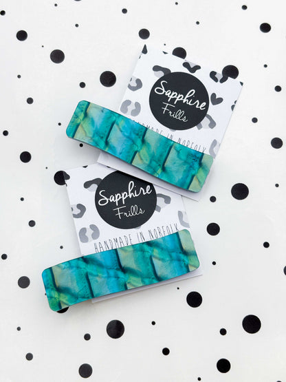Teal & Gold Scale Shimmer Rectangle Wave Acrylic Hair Clip