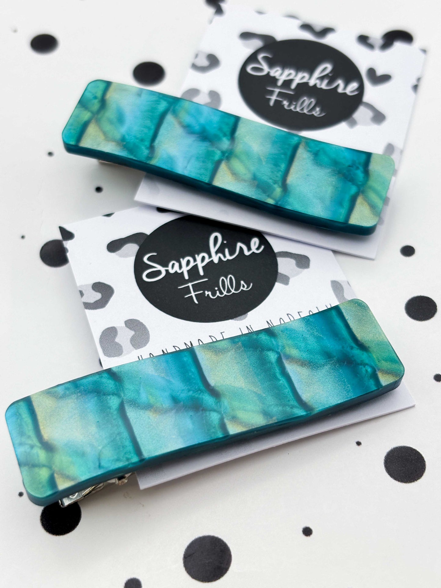 Teal & Gold Scale Shimmer Rectangle Wave Acrylic Hair Clip