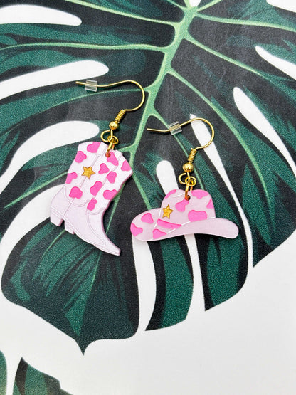 Large Mismatch Pink Cow Print Star Cowgirl Hat and Boots Dangle Earrings or Necklace – Hypoallergenic Stainless Steel