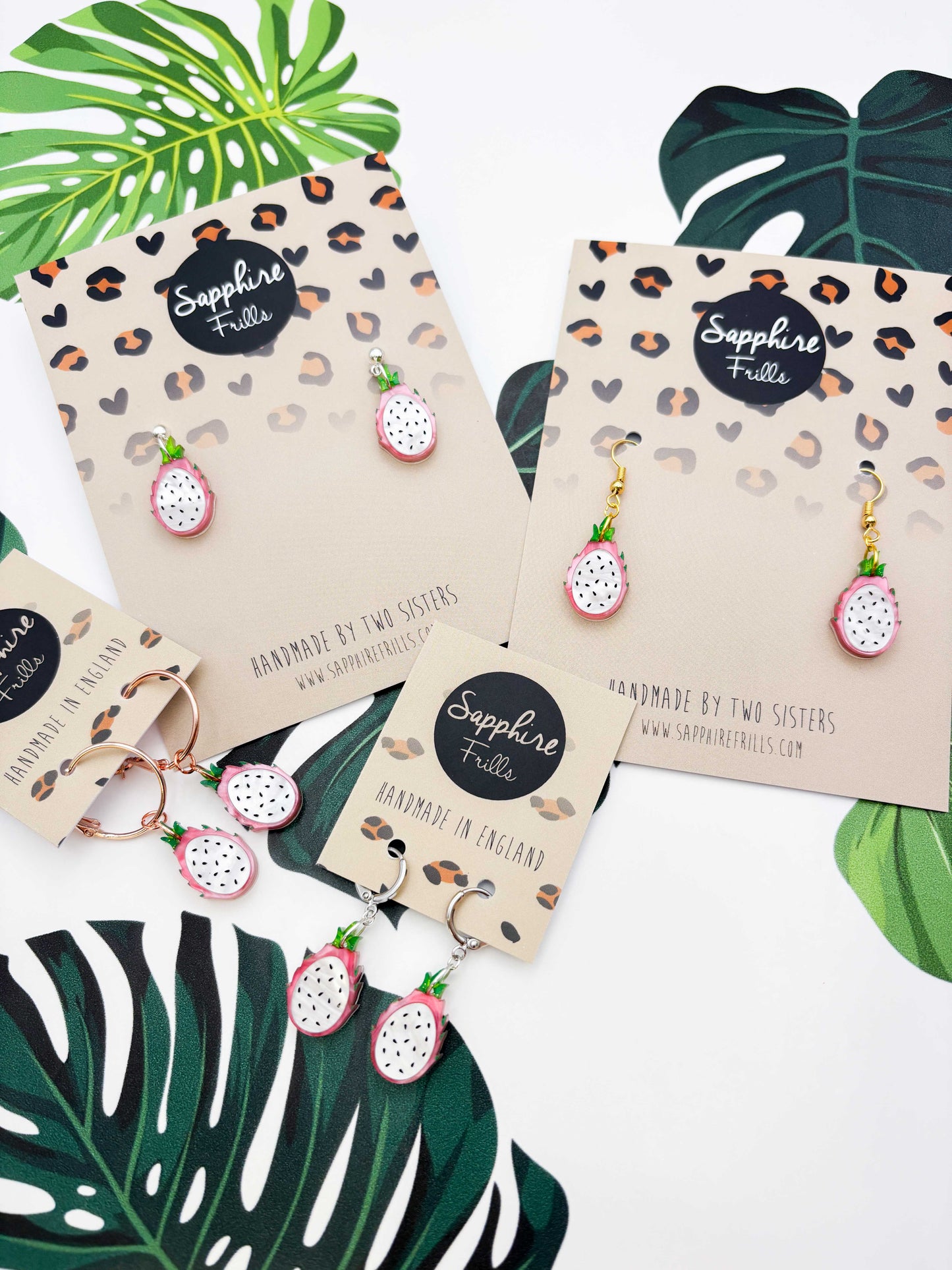 Medium Pink and Green Marble Dragonfruit Dangle Earrings