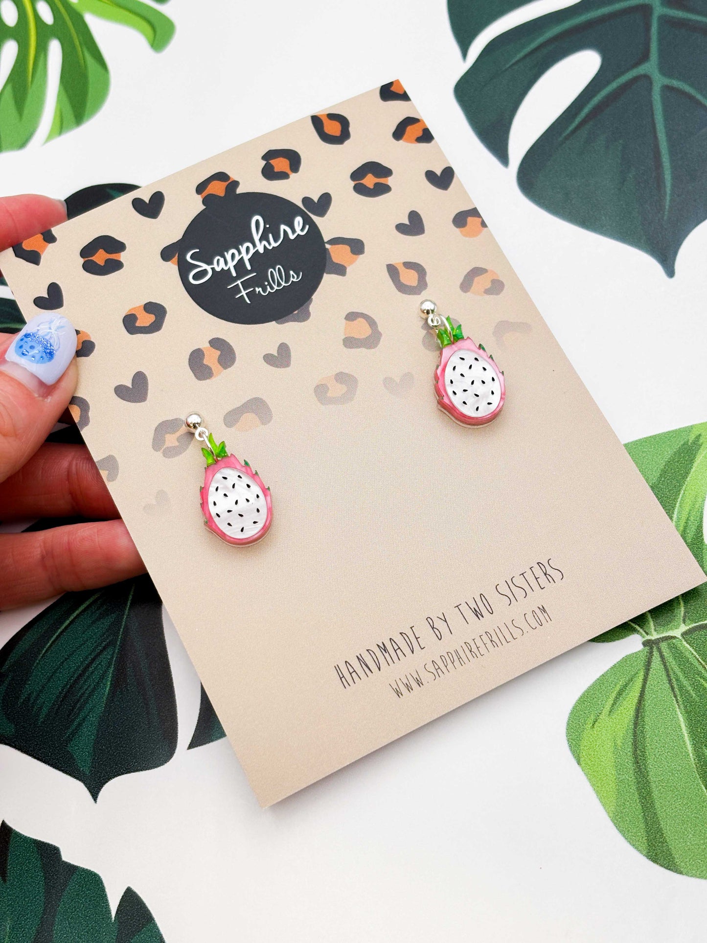 Medium Pink and Green Marble Dragonfruit Dangle Earrings