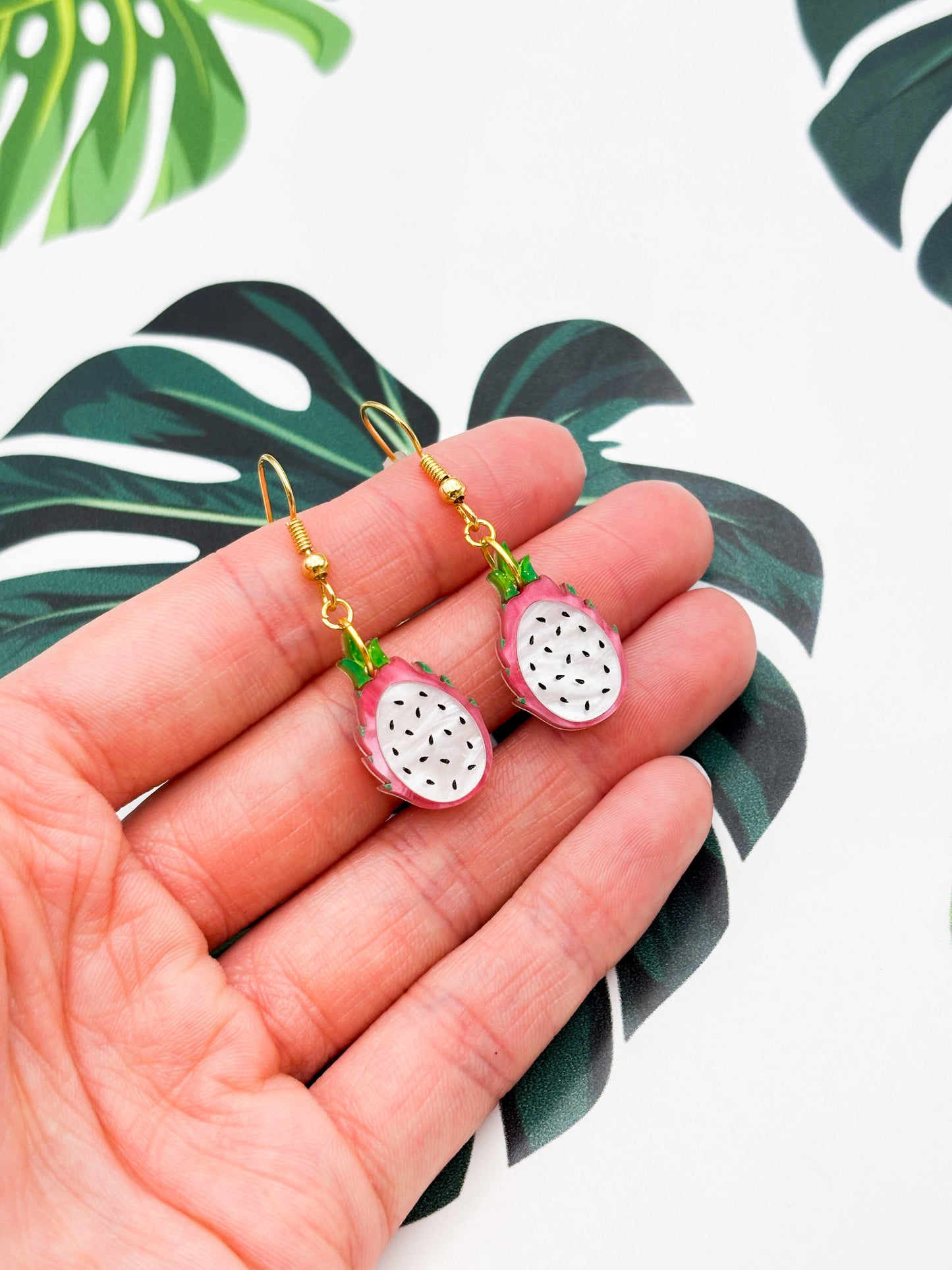 Medium Pink and Green Marble Dragonfruit Dangle Earrings