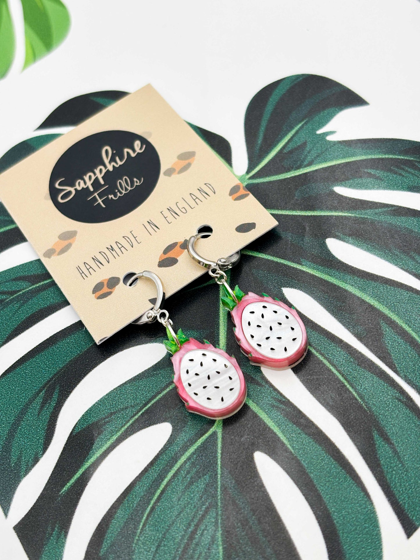 Medium Pink and Green Marble Dragonfruit Dangle Earrings
