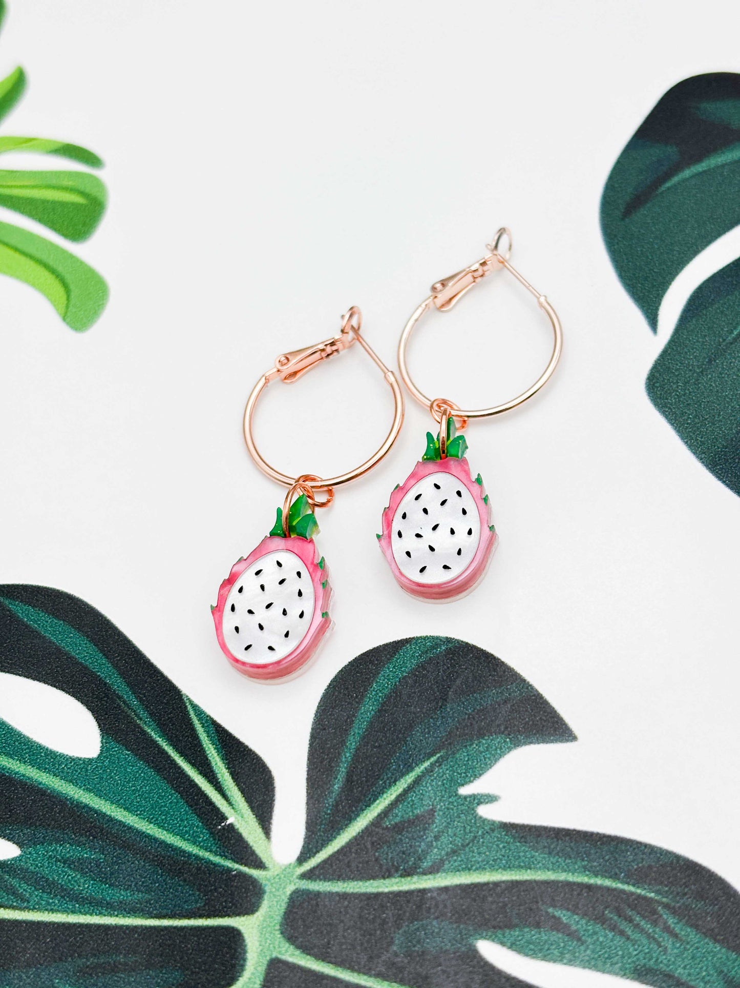 Medium Pink and Green Marble Dragonfruit Dangle Earrings