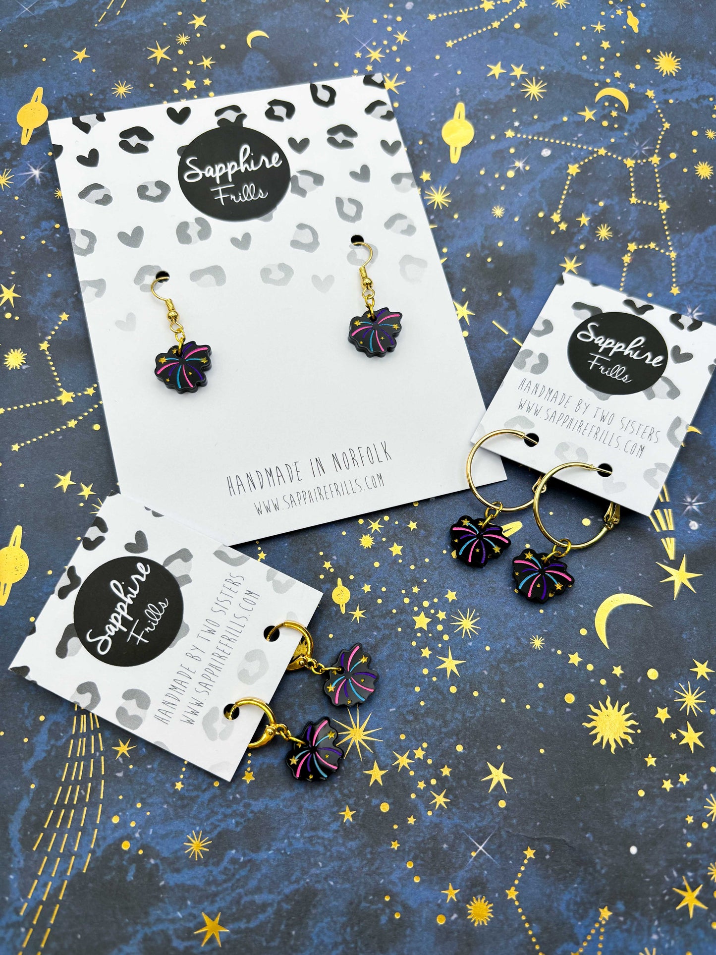 Small Black Gloss Pink, Purple and Blue Firework Acrylic Dangle Earrings