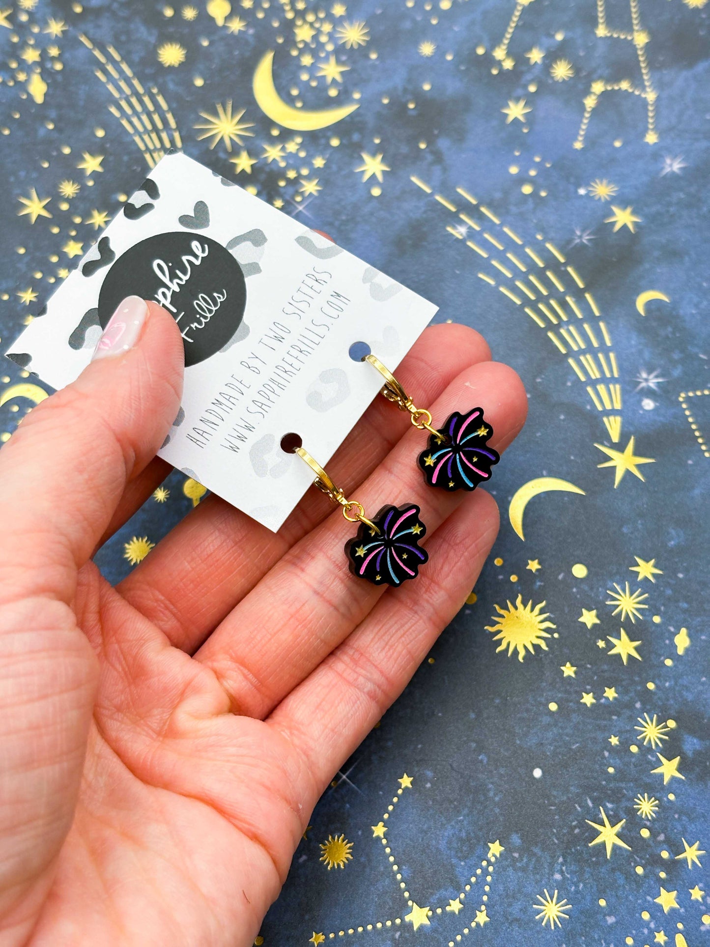 Small Black Gloss Pink, Purple and Blue Firework Acrylic Dangle Earrings