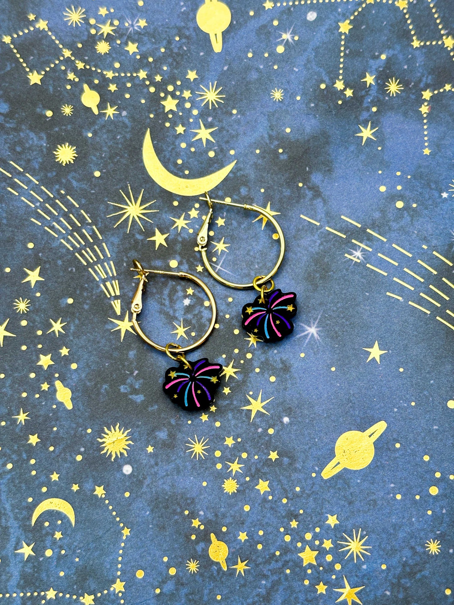 Small Black Gloss Pink, Purple and Blue Firework Acrylic Dangle Earrings