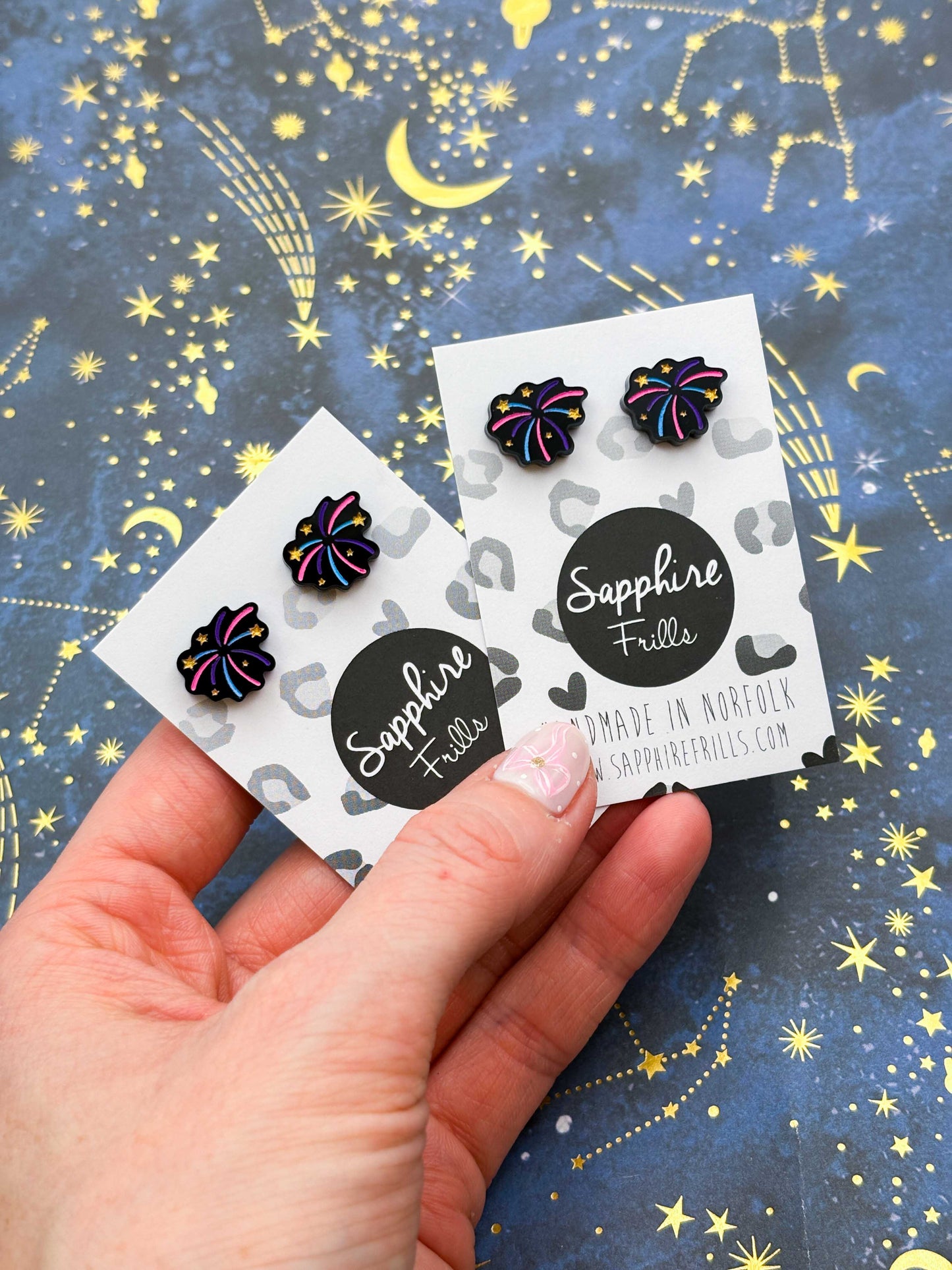 Small Black Gloss Pink, Purple and Blue Firework Acrylic Stud Earrings