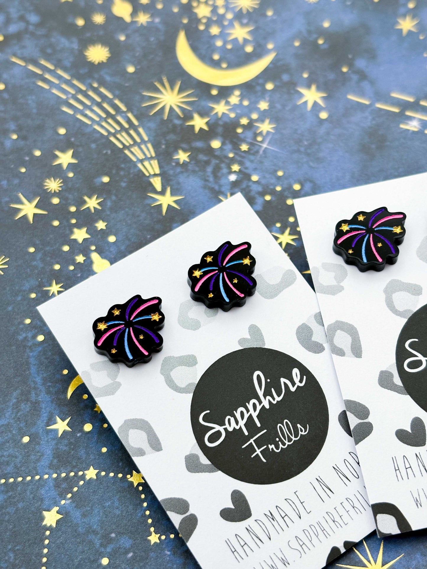 Small Black Gloss Pink, Purple and Blue Firework Acrylic Stud Earrings