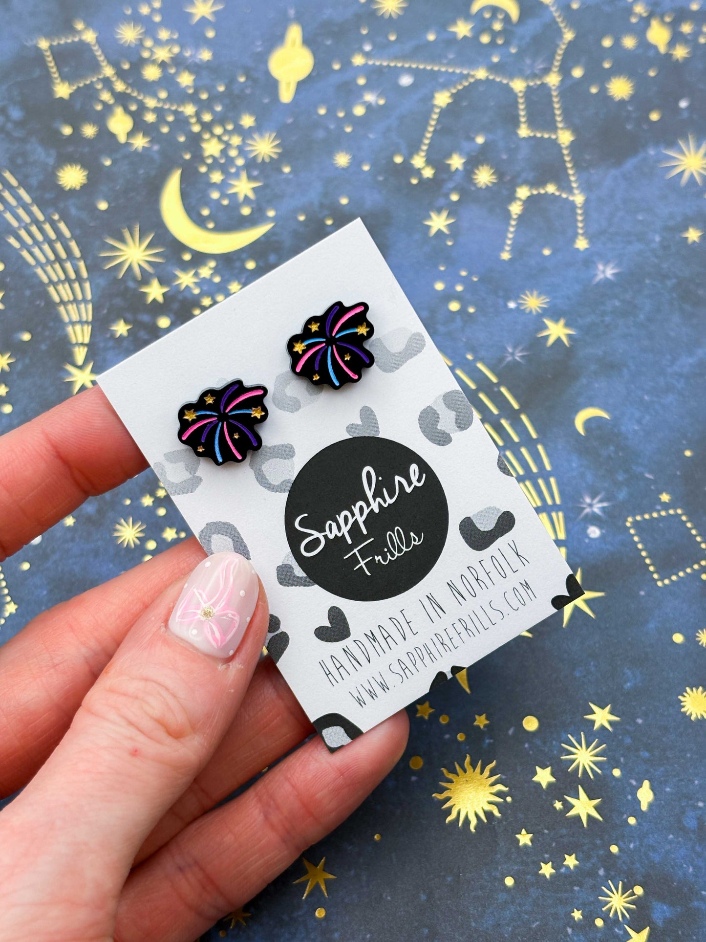 Small Black Gloss Pink, Purple and Blue Firework Acrylic Stud Earrings