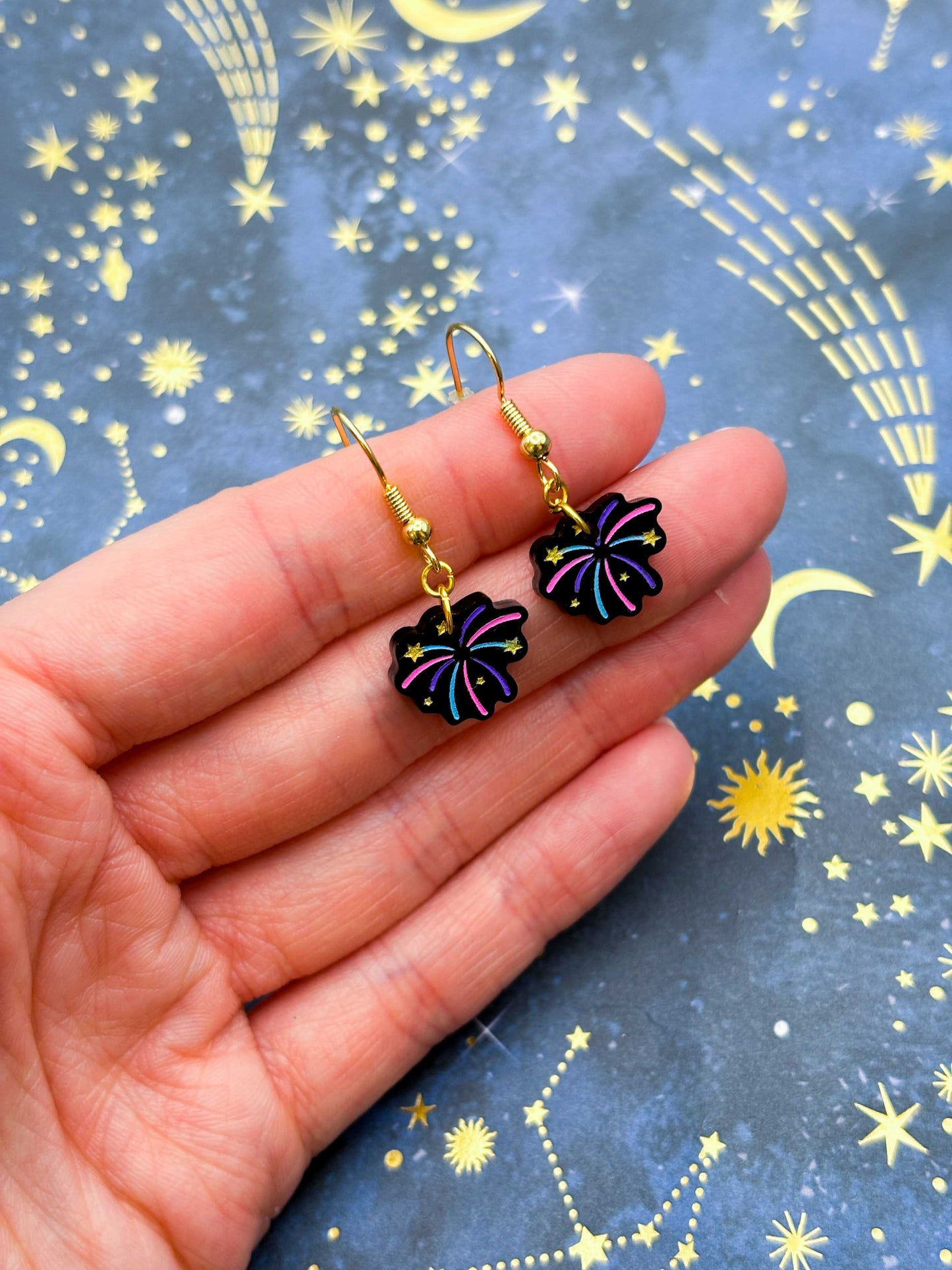 Small Black Gloss Pink, Purple and Blue Firework Acrylic Dangle Earrings