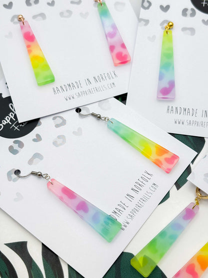 Large Ombre Rainbow Leopard Print Trapeze Dangle Earrings or Necklace – Hypoallergenic Stainless Steel