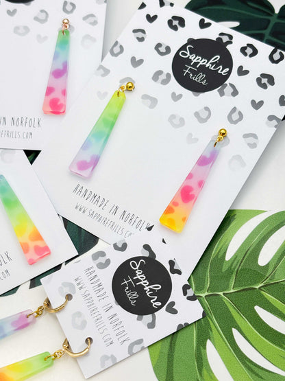 Large Ombre Rainbow Leopard Print Trapeze Dangle Earrings or Necklace – Hypoallergenic Stainless Steel