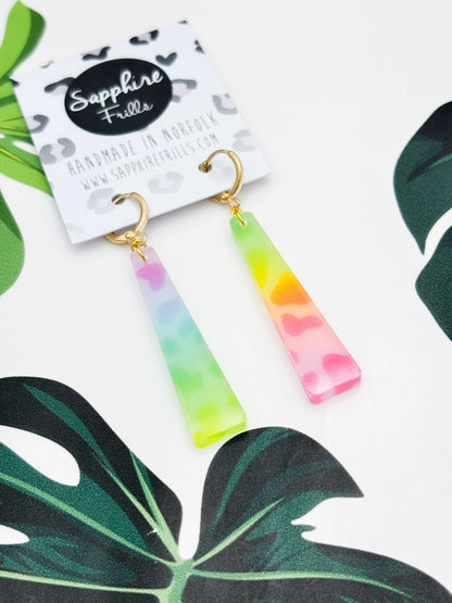 Large Ombre Rainbow Leopard Print Trapeze Dangle Earrings or Necklace – Hypoallergenic Stainless Steel