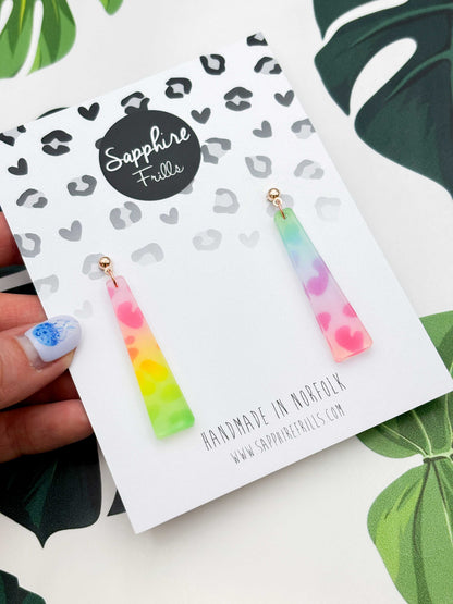 Large Ombre Rainbow Leopard Print Trapeze Dangle Earrings or Necklace – Hypoallergenic Stainless Steel