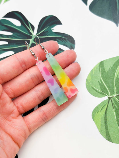 Large Ombre Rainbow Leopard Print Trapeze Dangle Earrings or Necklace – Hypoallergenic Stainless Steel