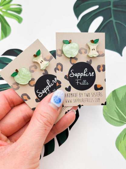 Small Green Apple and Core Mismatch Studs – Hypoallergenic Stainless Steel