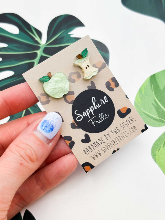 Small Green Apple and Core Mismatch Studs – Hypoallergenic Stainless Steel