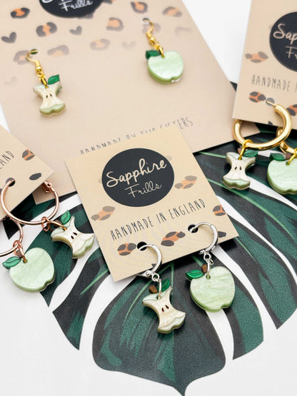 Small Green Apple and Core Mismatch Dangle Earrings or Necklace – Hypoallergenic Stainless Steel