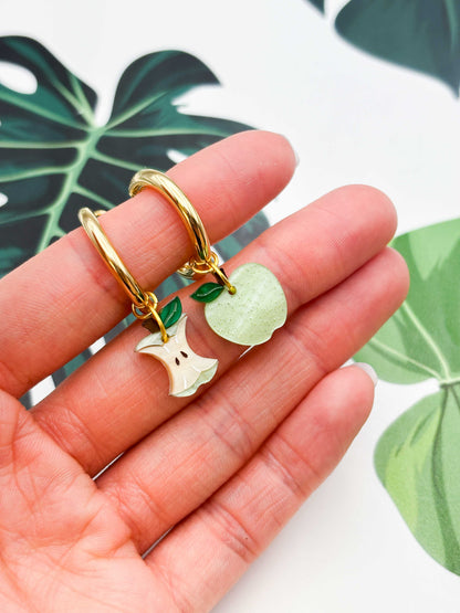 Small Green Apple and Core Mismatch Dangle Earrings or Necklace – Hypoallergenic Stainless Steel