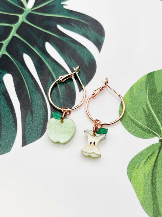 Small Green Apple and Core Mismatch Dangle Earrings or Necklace – Hypoallergenic Stainless Steel