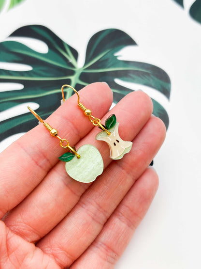 Small Green Apple and Core Mismatch Dangle Earrings or Necklace – Hypoallergenic Stainless Steel