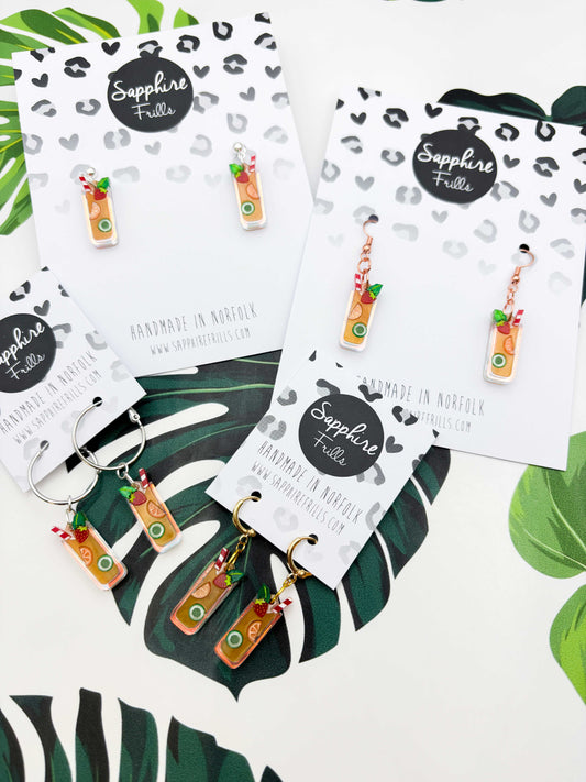 Medium Pimms with Strawberry, Cucumber and Orange Dangle Earrings or Necklace – Hypoallergenic Stainless Steel