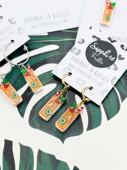 Medium Pimms with Strawberry, Cucumber and Orange Dangle Earrings or Necklace – Hypoallergenic Stainless Steel