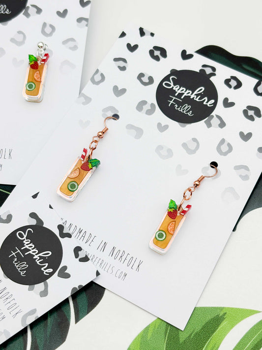 Medium Pimms with Strawberry, Cucumber and Orange Dangle Earrings or Necklace – Hypoallergenic Stainless Steel
