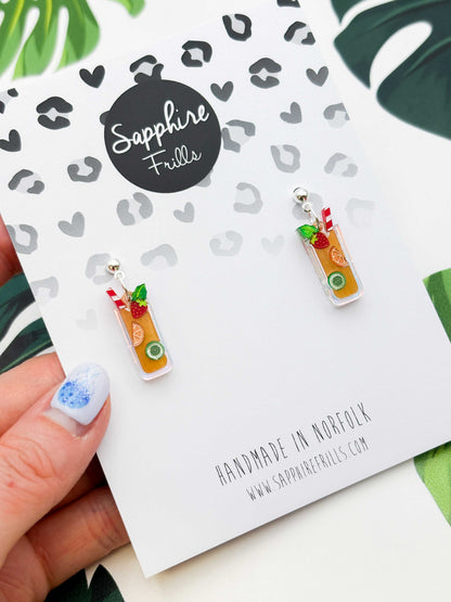 Medium Pimms with Strawberry, Cucumber and Orange Dangle Earrings or Necklace – Hypoallergenic Stainless Steel