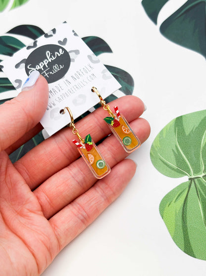 Medium Pimms with Strawberry, Cucumber and Orange Dangle Earrings or Necklace – Hypoallergenic Stainless Steel