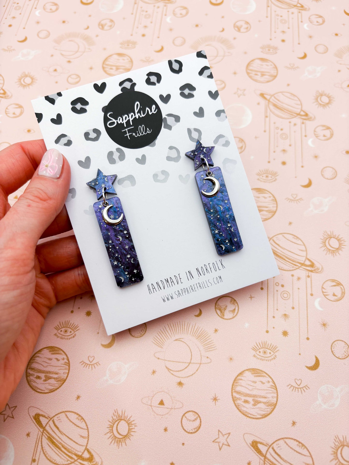 Navy & Purple Glitter Marble Starry Night Sky Print Rectangle Acrylic with Silver Moon Charm Dangle Earrings