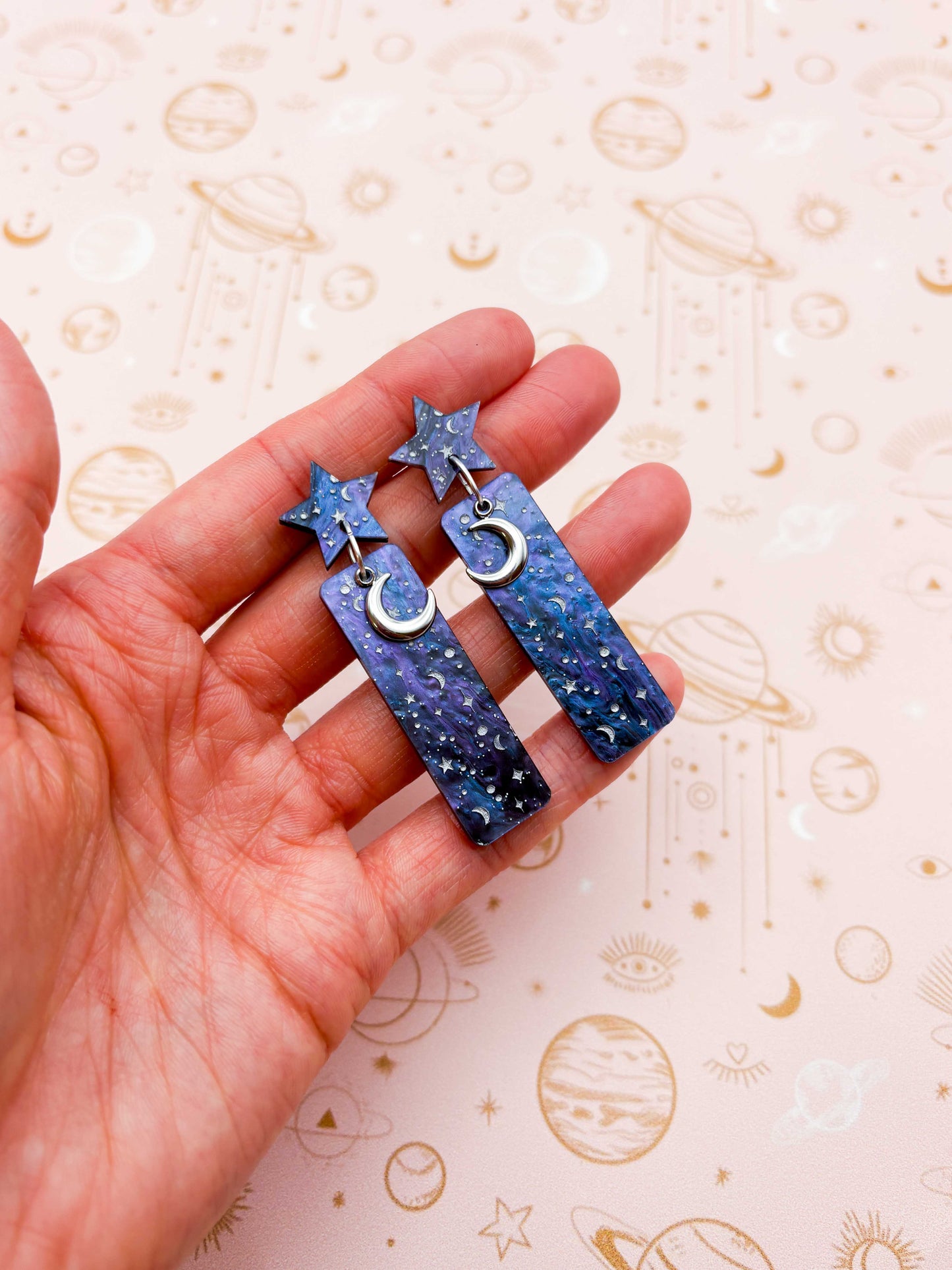 Navy & Purple Glitter Marble Starry Night Sky Print Rectangle Acrylic with Silver Moon Charm Dangle Earrings