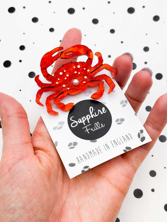 Bright Orange Glitter Marble Crab with Pearl Acrylic Brooch