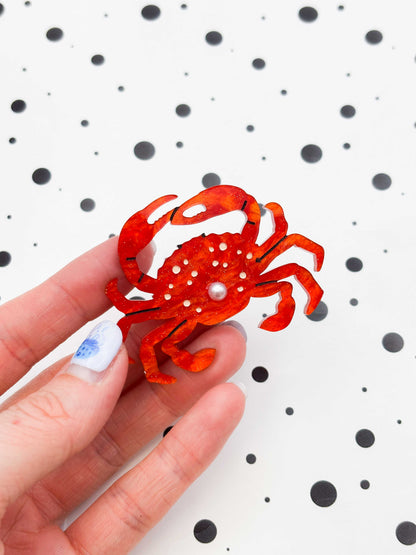 Bright Orange Glitter Marble Crab with Pearl Acrylic Brooch