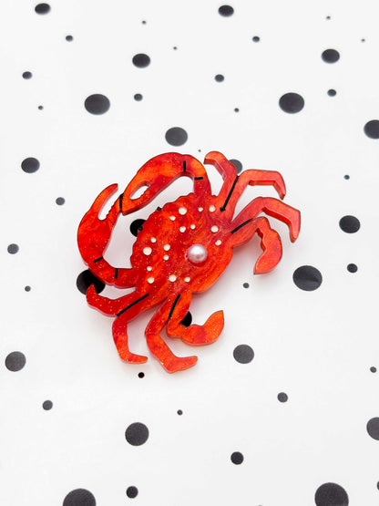 Bright Orange Glitter Marble Crab with Pearl Acrylic Brooch