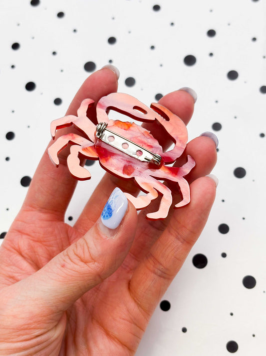 Bright Orange Glitter Marble Crab with Pearl Acrylic Brooch
